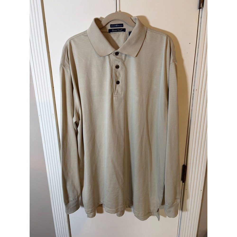Rivers End Solar Shield Mens 2XL Long Sleeve Polo Shirt Tan Khaki Textured Knit